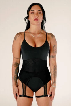 CXIX Baddies Garter Bodysuit - Onyx -Pole Dance Clothing Shop BaddiesGarterBodysuitBlackFront2 1