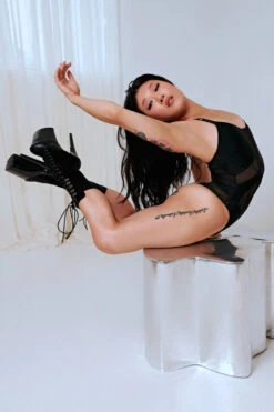 CXIX Silhouette One-Piece Bodysuit - Black With Black Mesh -Pole Dance Clothing Shop Black CXIX Silhouette Mesh bodysuit dance poledance