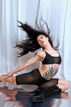 CXIX Silhouette Biker Shorts - Black With Black Mesh -Pole Dance Clothing Shop Black CXIX Silhouette Mesh bralette biker shorts dancewear polewear