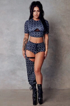 CXIX 119 Chaps - Black Print -Pole Dance Clothing Shop Black monogram cropped tee fahsion CXIX 119