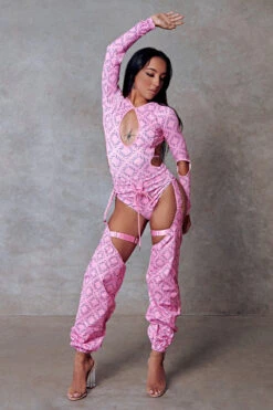 CXIX 119 Plunge Bodysuit - Pink Print -Pole Dance Clothing Shop Bodysuit Monogram Dancewear Fashion Pink 1