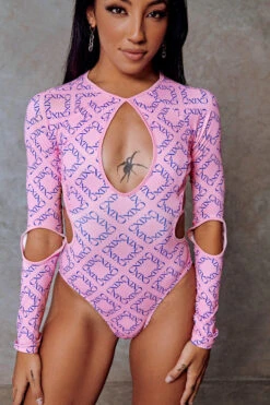 CXIX 119 Plunge Bodysuit - Pink Print -Pole Dance Clothing Shop Bodysuit Pink CXIX 119 Pole Dance 1