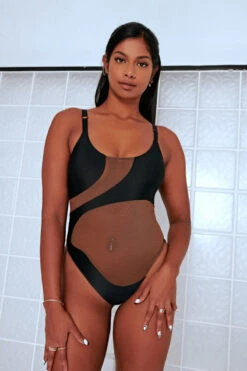 CXIX Silhouette One-Piece Bodysuit - Black With Cocoa Mesh 9 CXIX Silhouette One-Piece Bodysuit - Black With Cocoa Mesh -Pole Dance Clothing Shop Cocoa CXIX Shilouette Mesh bodysuit dancewear poledance