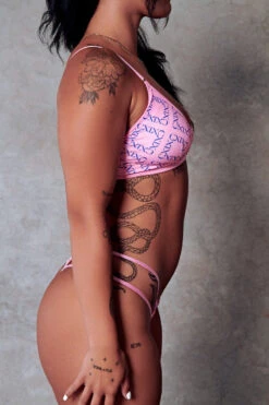 CXIX 119 High-Rise Thong Bottoms - Pink Print 14 CXIX 119 High-Rise Thong Bottoms - Pink Print -Pole Dance Clothing Shop Pole Dancewear Bralette Monogram Pink