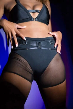 Tatiana Activewear Hips Don't Lie Shorts - Black -Pole Dance Clothing Shop Tatiana Active Cheeky Mesh Black Gold Hardware Detailing Bike Short Shorts 4566