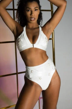 Tatiana Activewear Faye Shorts - Shimmery White -Pole Dance Clothing Shop Tatiana Active Faye Shiny White High Waisted Pole Wear Set 2 1