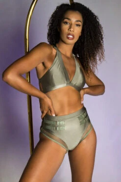 Tatiana Activewear Isla Top - Shiny Khaki 8 Tatiana Activewear Isla Top - Shiny Khaki -Pole Dance Clothing Shop Tatiana Active Isla Shiny Khaki High Waisted Mesh Low Cut Pole Wear Set 2 8cac4278 d9a9 461f a83c fee4ebe561a7