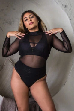 Tatiana Activewear Magnus Long Sleeve Bodysuit - Black Mesh 12 Tatiana Activewear Magnus Long Sleeve Bodysuit - Black Mesh -Pole Dance Clothing Shop TatianaActive BlackMockNeckMeshLongSleeveBacklessHighCutBodysuit 3773