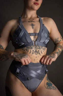 Tatiana Activewear Faye Shorts - Shiny Gunmetal -Pole Dance Clothing Shop TatianaActive FayeGunmetalGreyBlueMetallicHighWaistedPoleWearDancingSet 5920