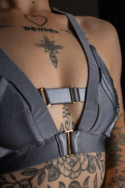 Tatiana Activewear Faye Top - Shiny Gunmetal -Pole Dance Clothing Shop TatianaActive FayeGunmetalGreyBlueMetallicHighWaistedPoleWearDancingSet 5929