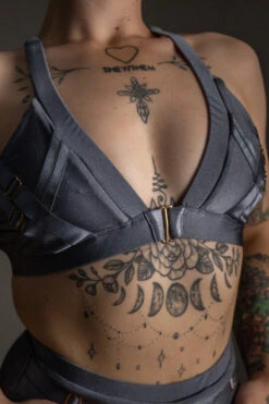 Tatiana Activewear Faye Top - Shiny Gunmetal -Pole Dance Clothing Shop TatianaActive FayeGunmetalGreyBlueMetallicHighWaistedPoleWearDancingSet 5934