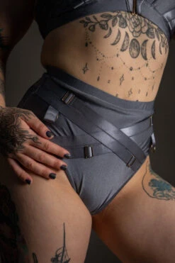 Tatiana Activewear Faye Shorts - Shiny Gunmetal -Pole Dance Clothing Shop TatianaActive FayeGunmetalGreyBlueMetallicHighWaistedPoleWearDancingSet 5938