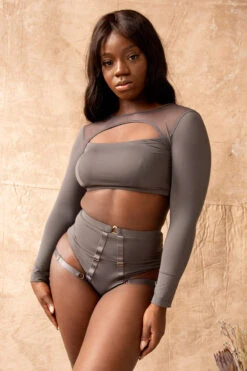 Tatiana Activewear Tokio Shorts - Charcoal -Pole Dance Clothing Shop TatianaActiveEsmeCharcoalLongSleeveTop 5338cropped