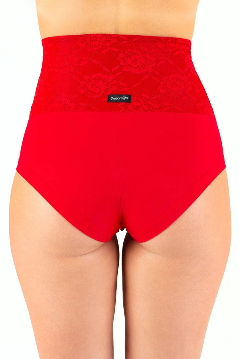Dragonfly Betty High-Waisted Shorts - Lace Red 2 Dragonfly Betty High-Waisted Shorts - Lace Red - Image 2