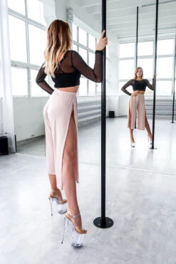 REV ACTIV Sensual Flow Pants (with Leg Slit) - Beige -Pole Dance Clothing Shop spodnieexoticsensualnudeside